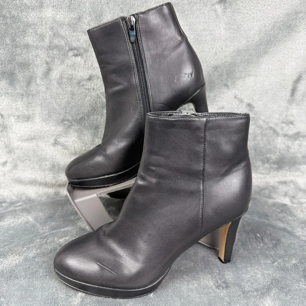 Black Leather‎ Ankle Boots Size 7.5M Block Heel Side Zip Classic Elegant Stylish